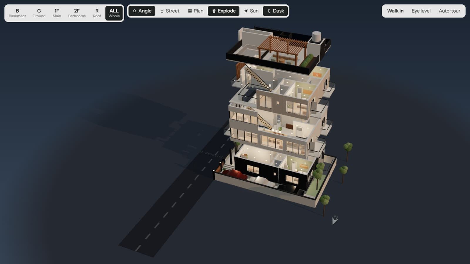 The house with its floors pulled apart, each level lit from inside, so every room reads at once.