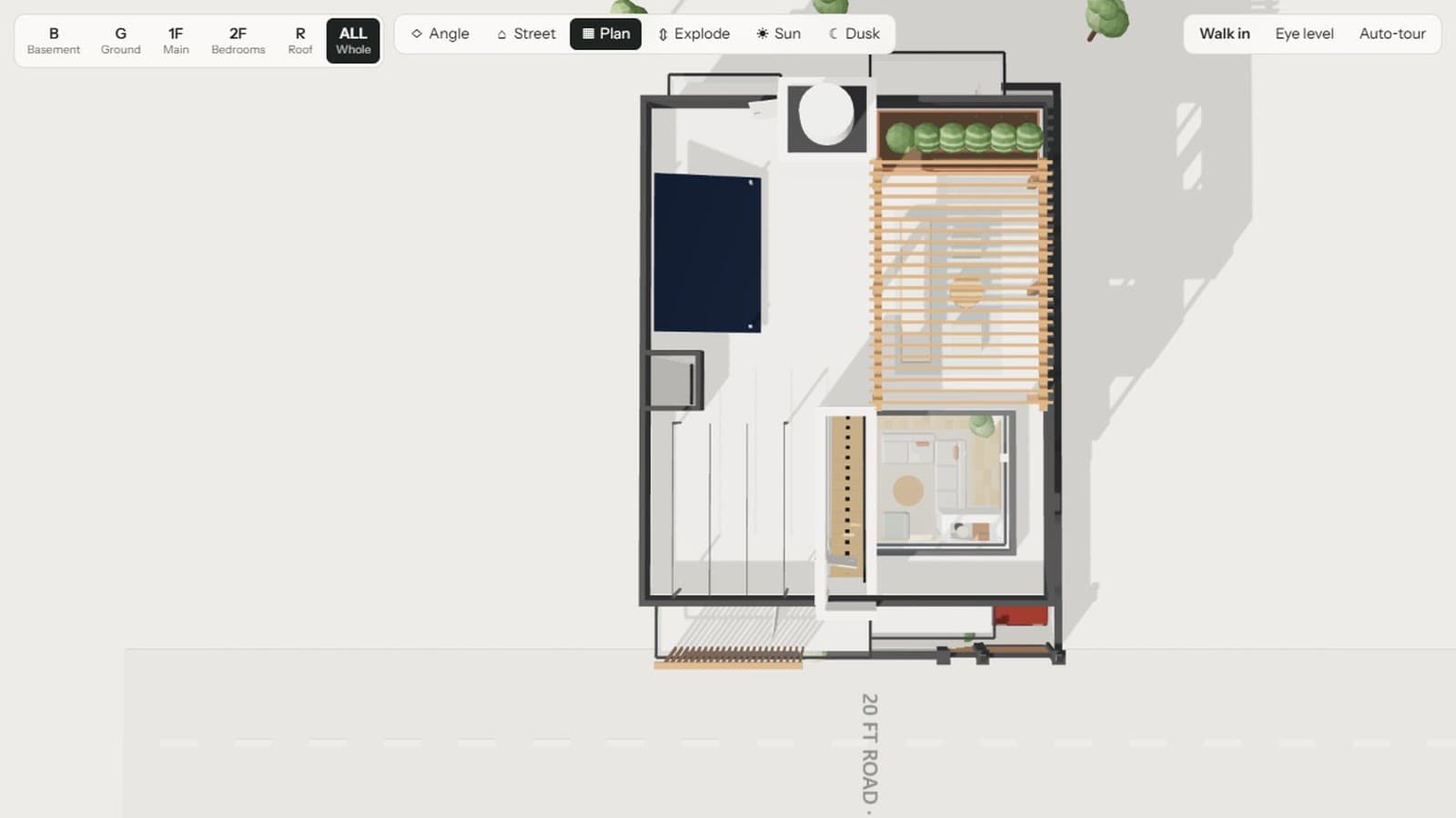 The house straight down from above: the roof terrace with its pergola, the water tank and the stair and lift core.