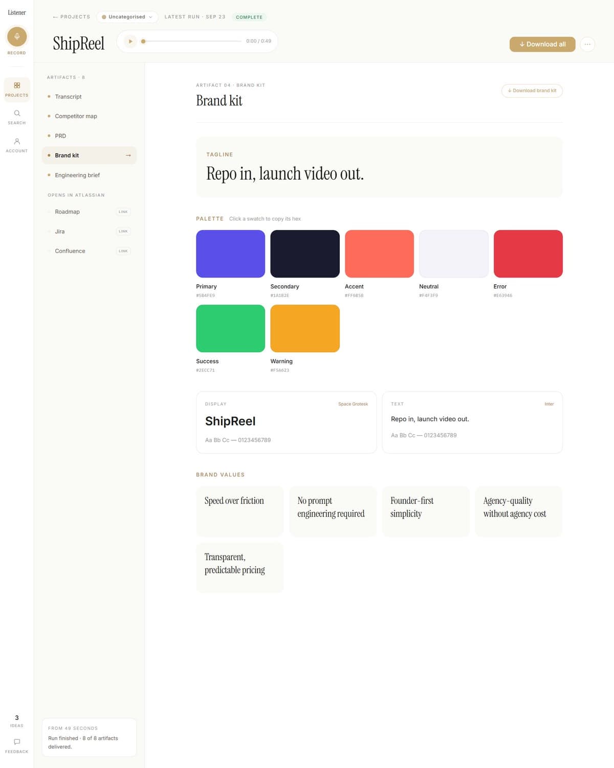 ShipReel's brand kit in Murmur: the tagline, seven colours with their hex values, and type.