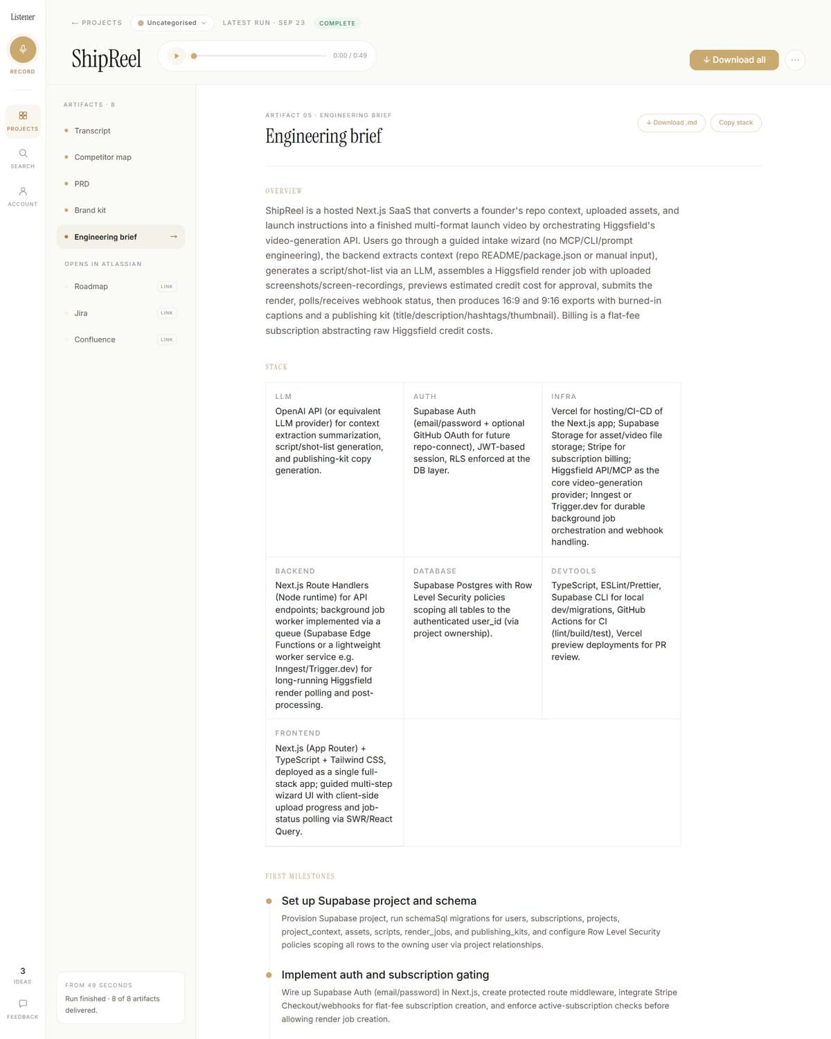 ShipReel's engineering brief in Murmur: architecture, data models and the build plan.