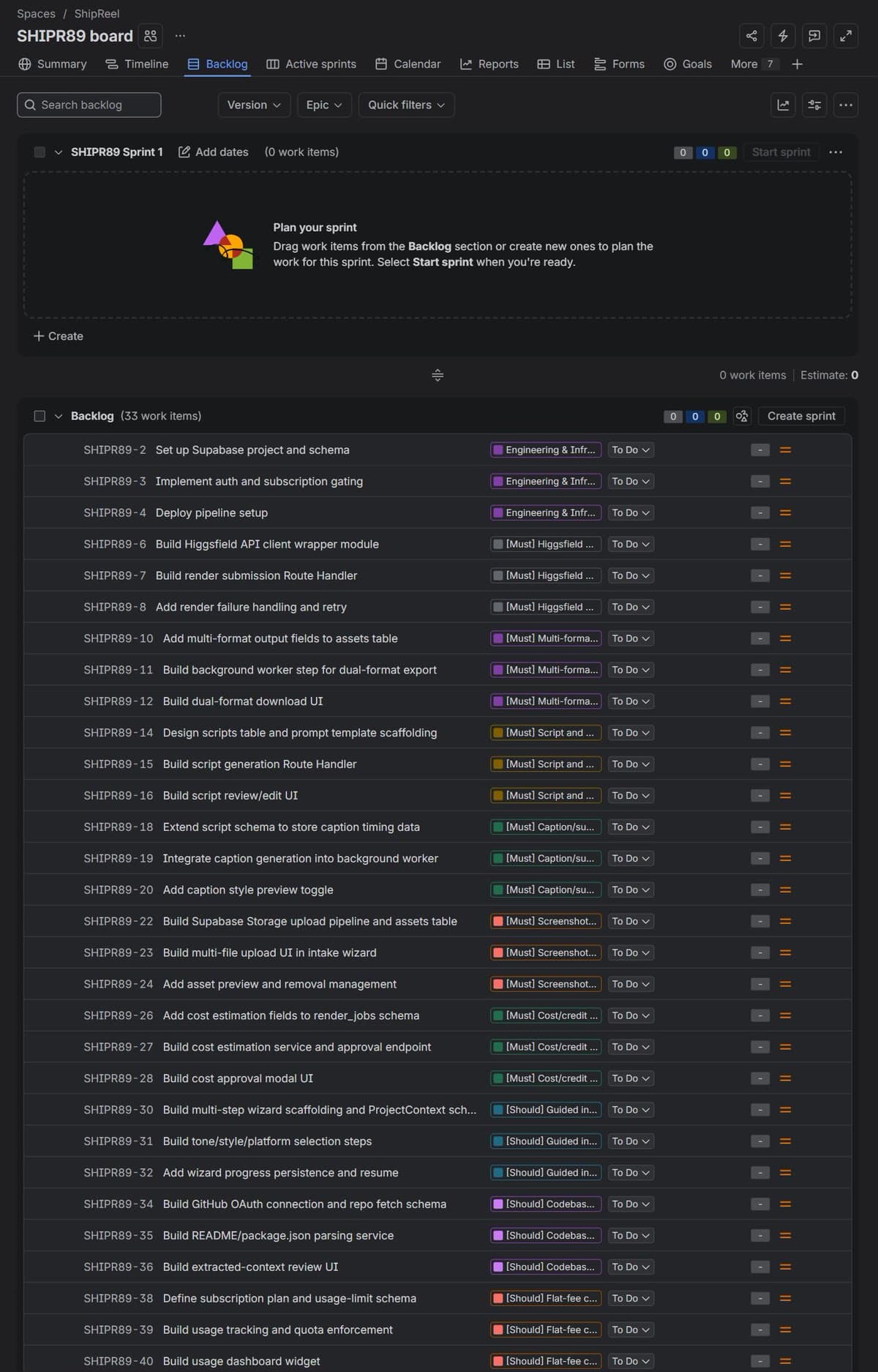 ShipReel's Jira backlog, created by Murmur: 33 stories under 11 epics.