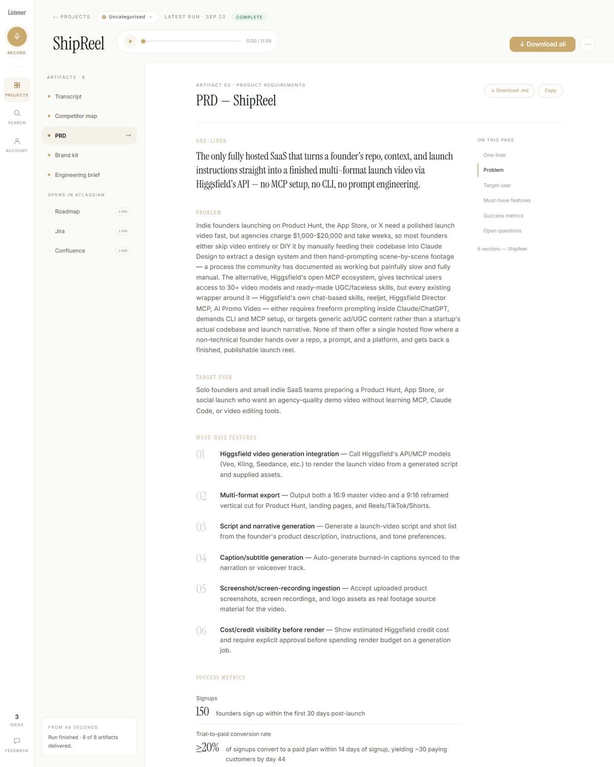 ShipReel's PRD in Murmur: problem, users and features sorted must, should, could and won't.