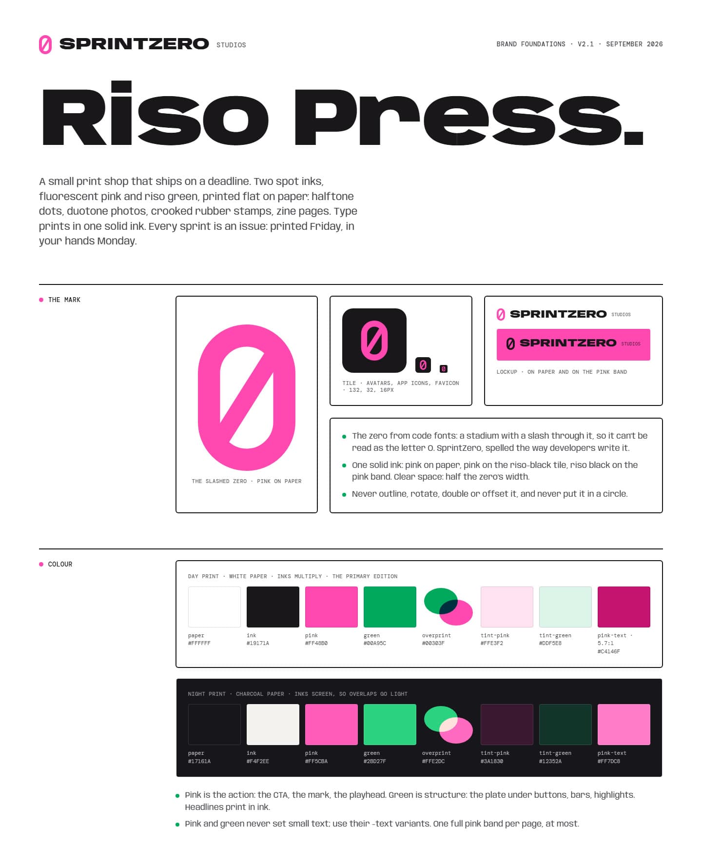 SprintZero's brand foundations, v2.1: Riso Press, the slashed-zero mark, and the pink and green inks on day and night paper.