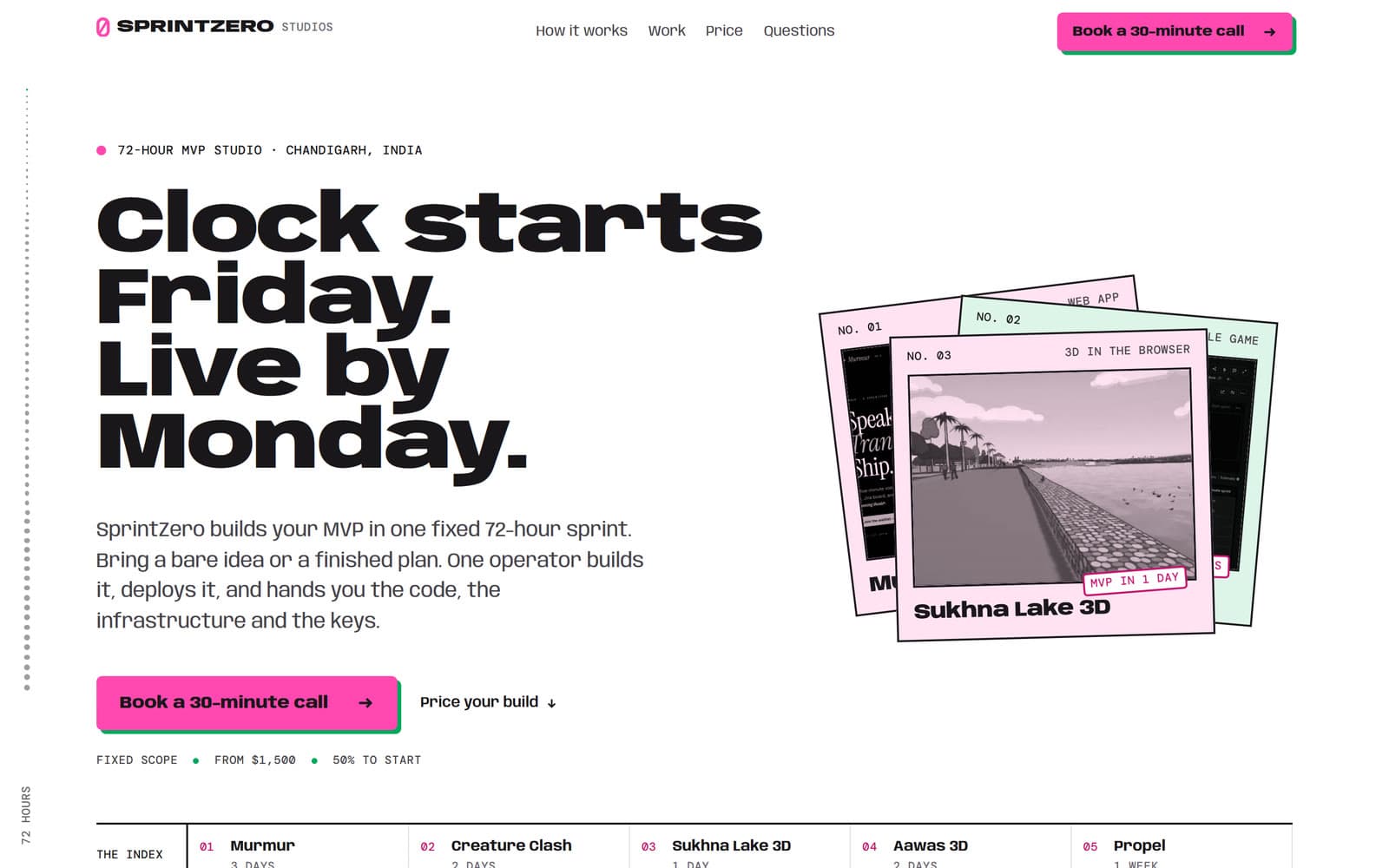The SprintZero Studios homepage after the revamp: "Clock starts Friday. Live by Monday.", the booking button, the terms and a pile of recent builds.