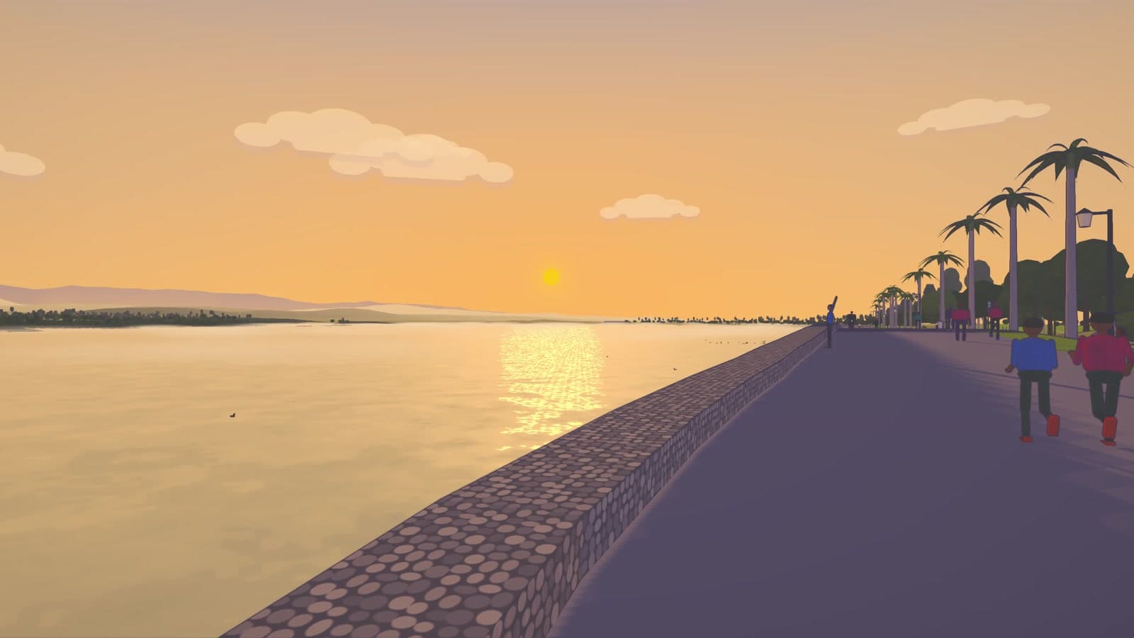 Today: the dam promenade at sunrise, joggers on the path and palms along the edge.